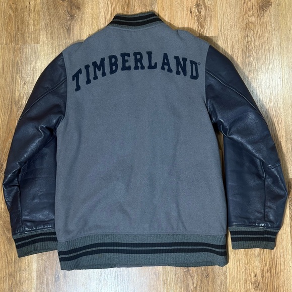 Vintage Timberland Navy and Gray Wool Leather Varsity Jacket - Picture 3 of 4